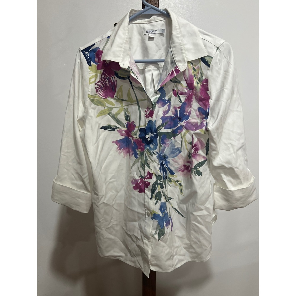 Chicos White Floral Button Down Shirt 3/4 Sleeve Stretch 1 Career Polished Art